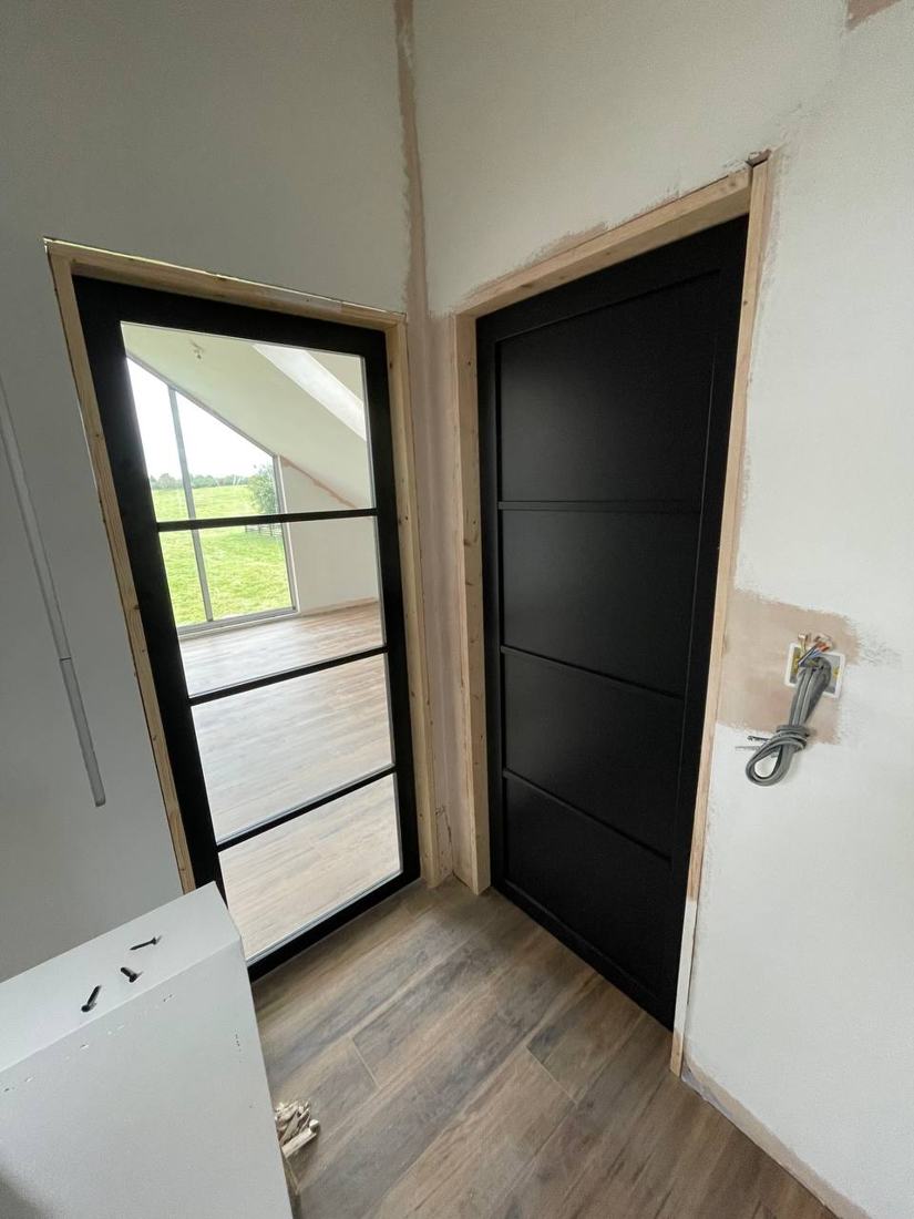Black-framed glazed door and black panel door in a new extension