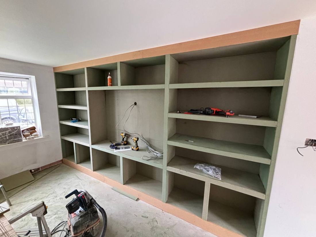 Built-in shelving unit mid-build in MDF before painting